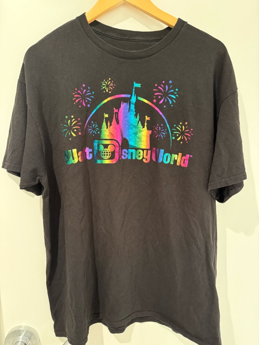 Disney Black Tee with Rainbow Castle & Fireworks Graphic